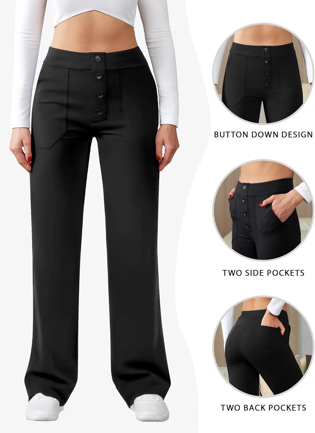 Womens Casual High Waist Straight Leg Pants Stretchy Button Business Dress Work Pocket Trousers