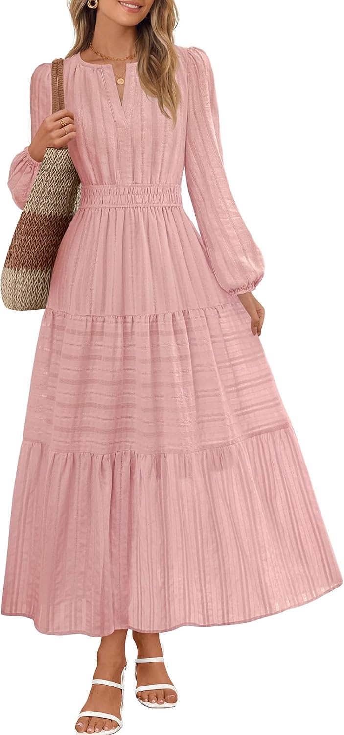 MEROKEETY Fall Dresses for Women 2025 Winter Long Sleeve Casual V Neck Tiered Cotton Midi Maxi Dress Pockets