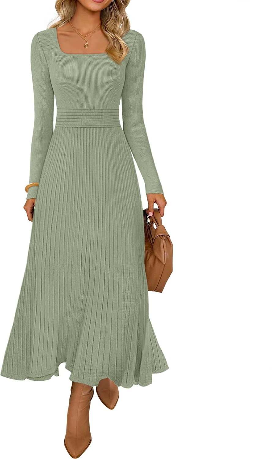 MEROKEETY Women's Sweater Dress 2025 Fall Winter Casual Long Sleeve Square Neck Pleated Church Work Knit Midi Dresses