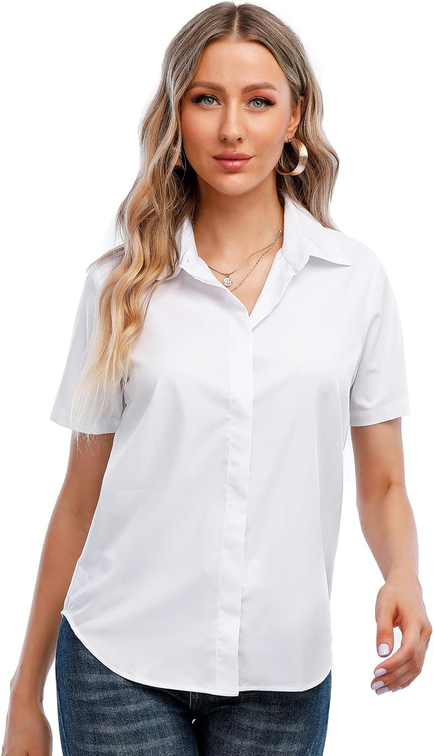 SUNNOW Womens Button Down Shirts Tailored Short Sleeve Shirt Basic Simple Stretch Wrinkle Free Formal Work Blouses