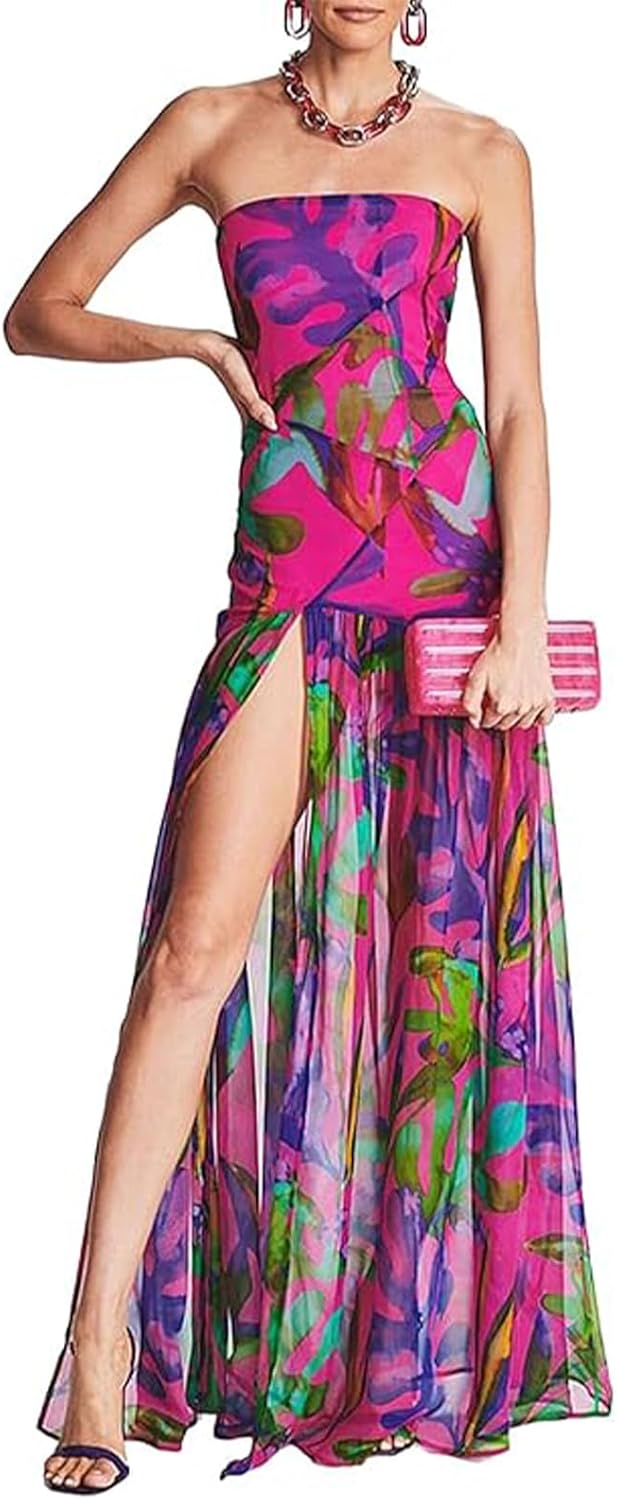 Women Tube Top Dress Tiger Stripe Mesh Patchwork Maxi Dress Strapless Sexy High Slit Long Dresses Party Clubwear