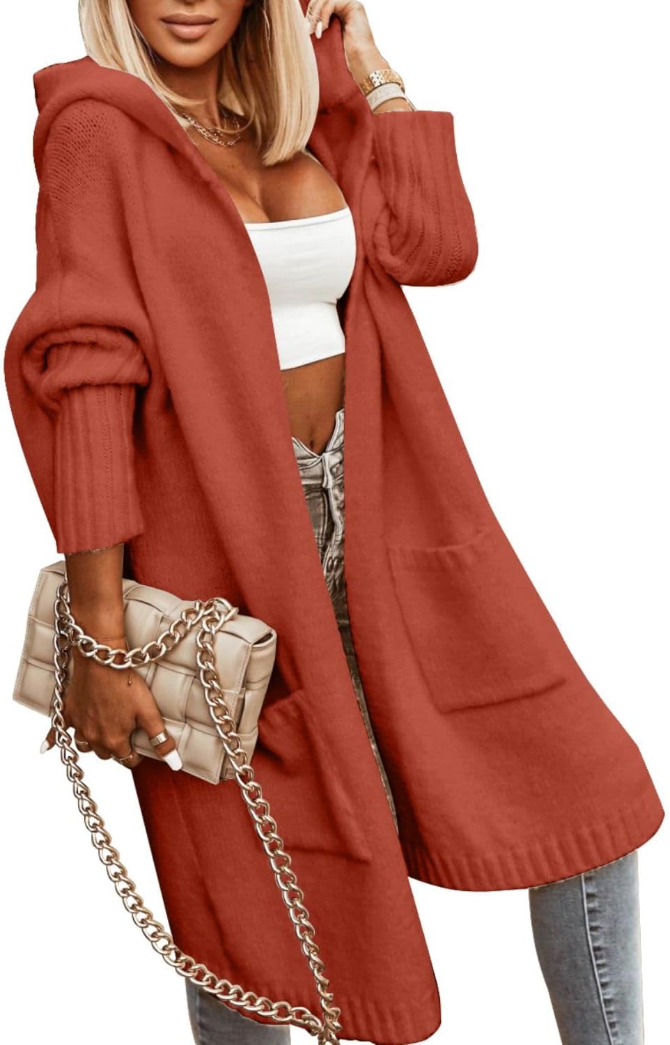 Aoysky Womens Long Cardigans Cable Knitted Open Front Oversized Hooded Outerwear Sweater Coat