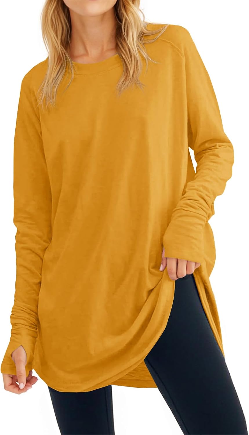 Fisoew Women's Casual Long Sleeve Tops Crew Neck Round Hem Loose T-Shirts Tunic Tops with Thumb Holes