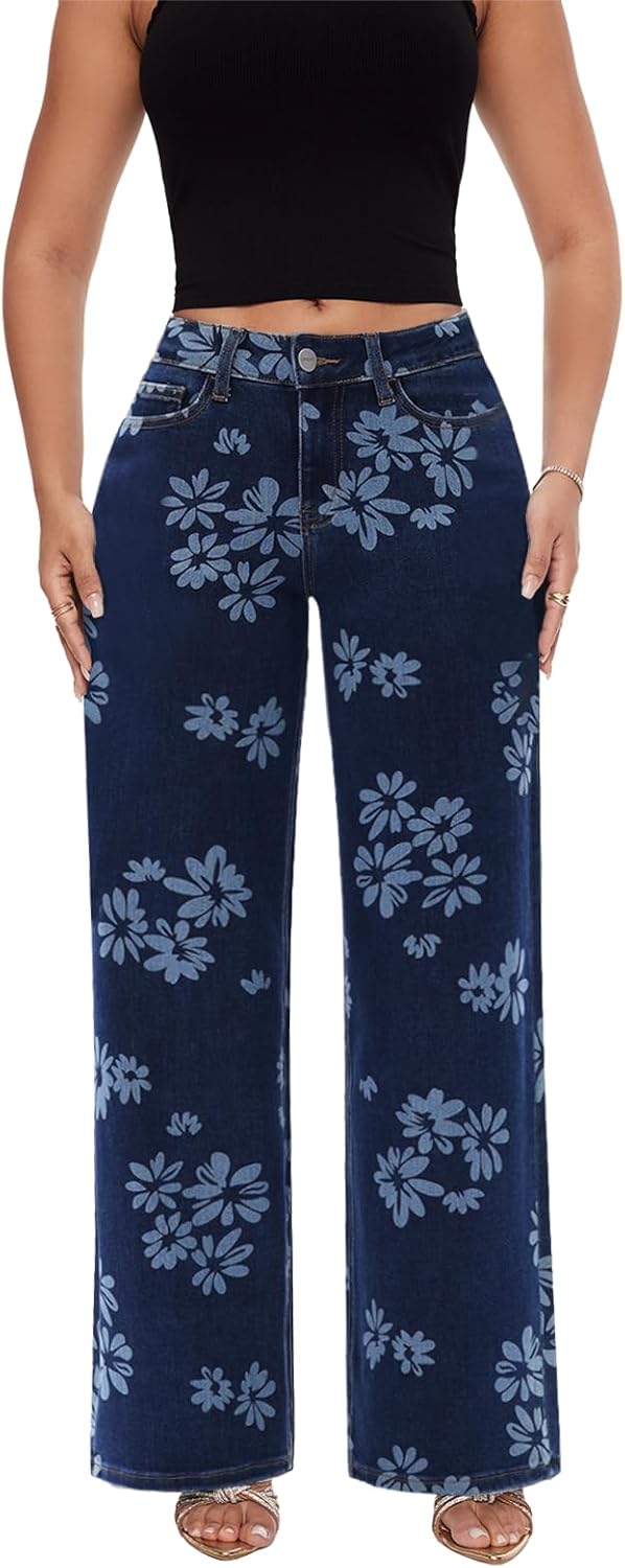 ONESO Mid-Low Rise Baggy Jeans Wide Leg for Women Distressed Pants Stretchy Bottom Lady Basic Comfortable Denim