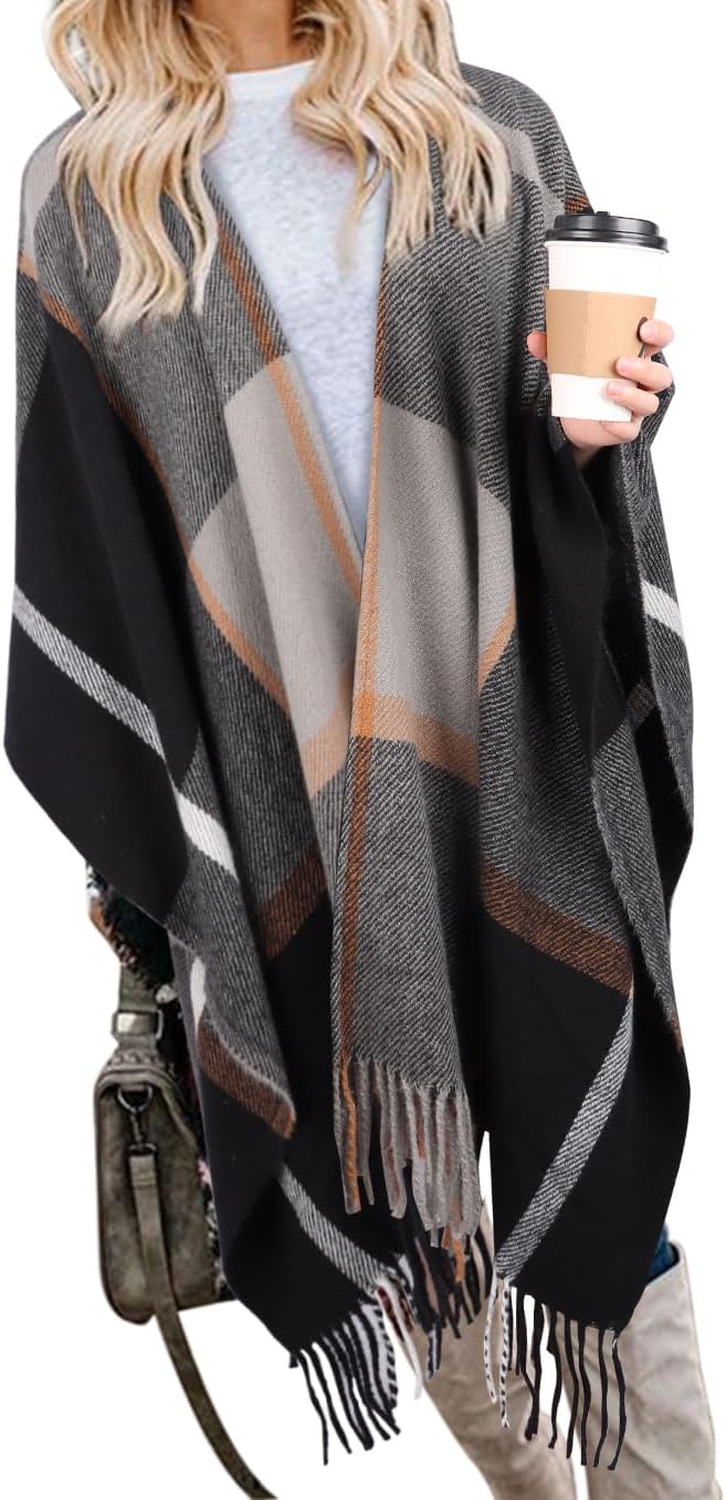 Bestshe Women's Boho Open Front Poncho Knitted Plaid Shawl Wrap Cape Tassel Cardigan Sweater