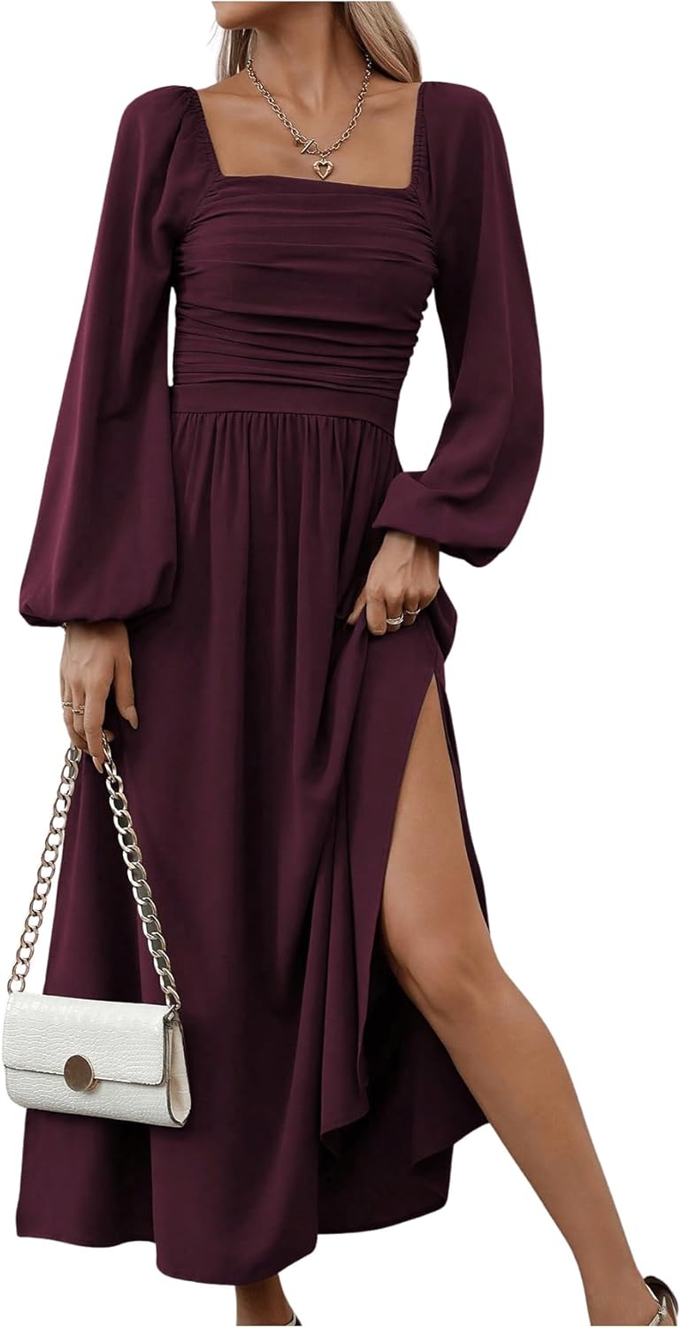 Floerns Women's Square Neck Lantern Long Sleeve Dress Split Ruched Party Midi Dresses