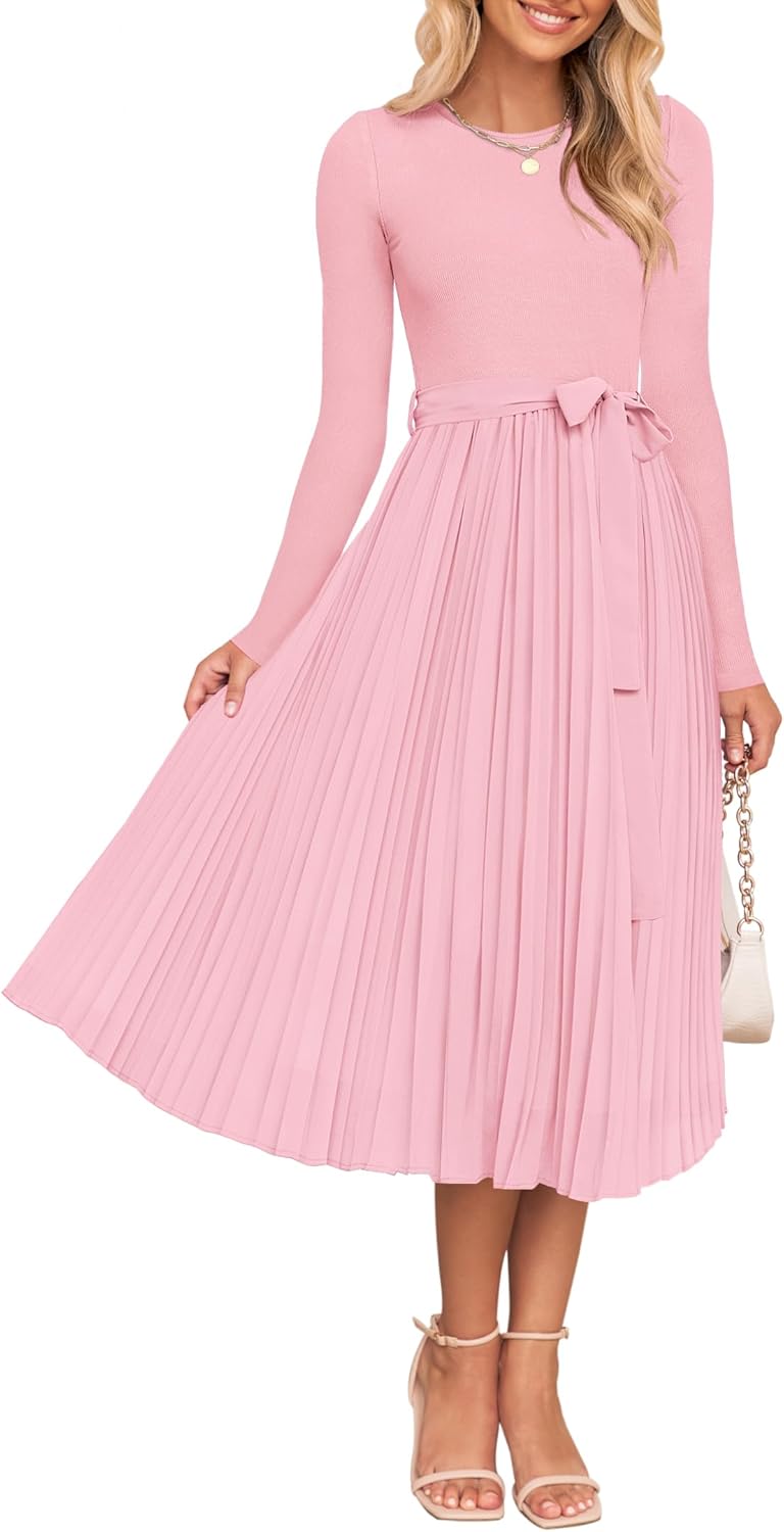 ZESICA Women's Fall Long Sleeve Midi Dress 2025 Casual Crewneck Knit Belted Pleated A Line Flowy Party Dresses