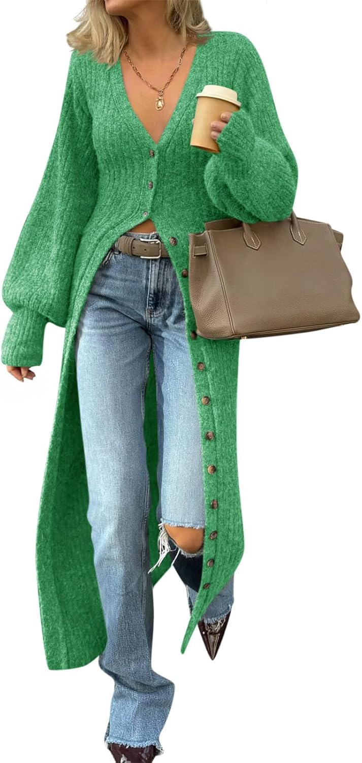 Saodimallsu Womens Long Cardigans V Neck Button Down Chunky Knit Dusters Sweater Coat Fall Trendy Maxi Sweater Dress