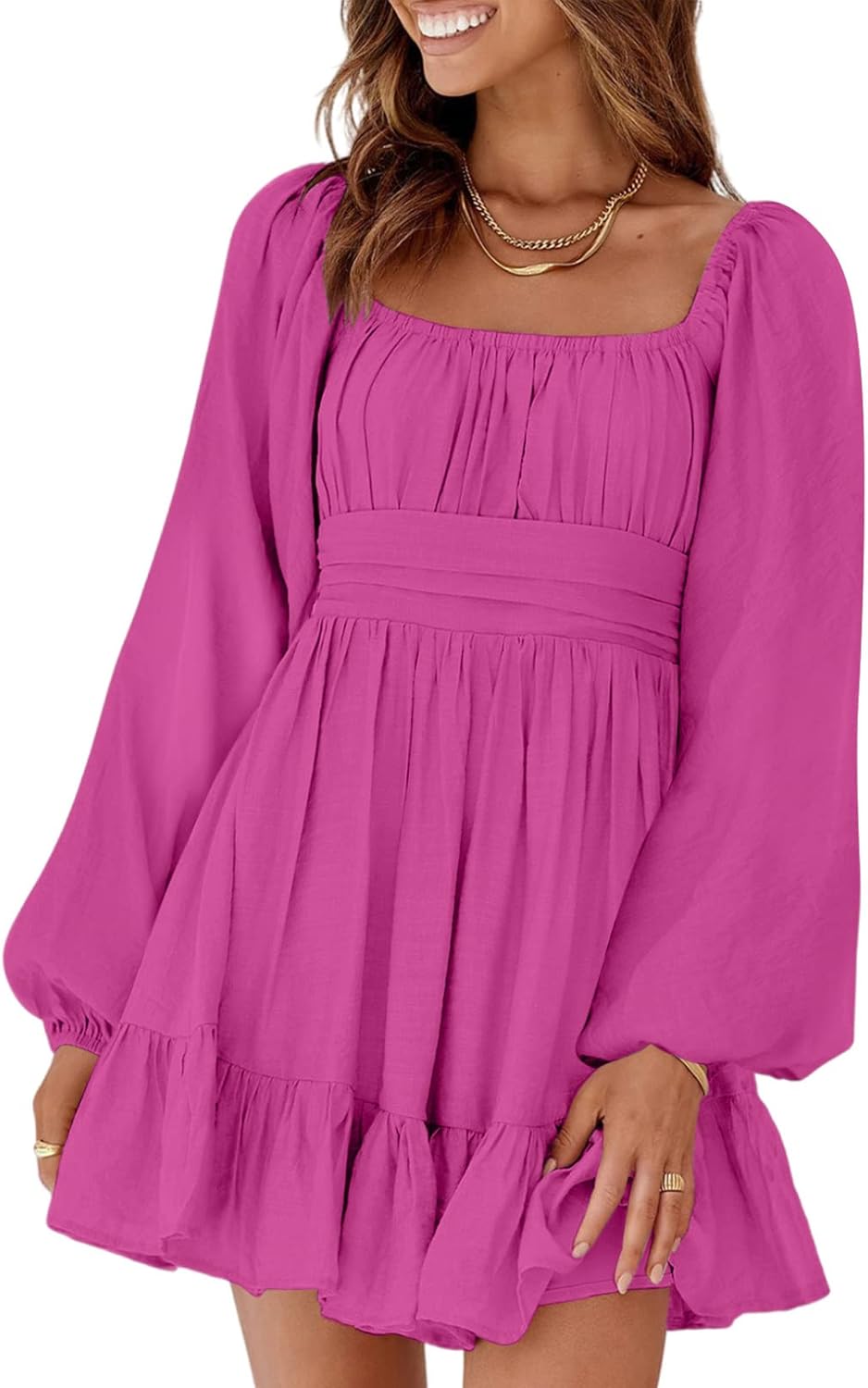 Dokotoo Womens Dress Long Lantern Sleeve Square Neck Tie Backless Sexy Dress Ruffle Elastic Waist A-Line Mini Dress