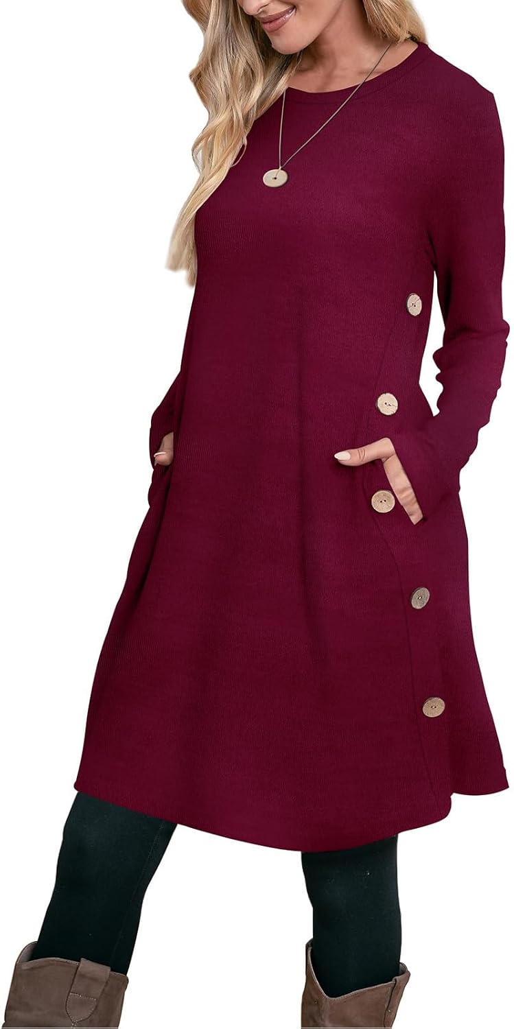 OFEEFAN Long Sleeve Dress for Women Crew Neck Tunic Dress with Pockets Buttons Side