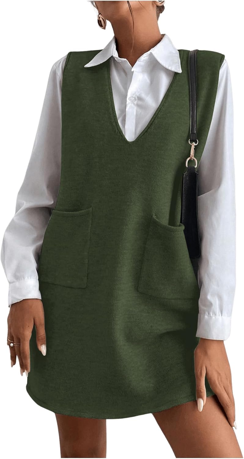 OYOANGLE Women's V Neck Sleeveless Knitted Solid Short Sweater Dress with Pockets