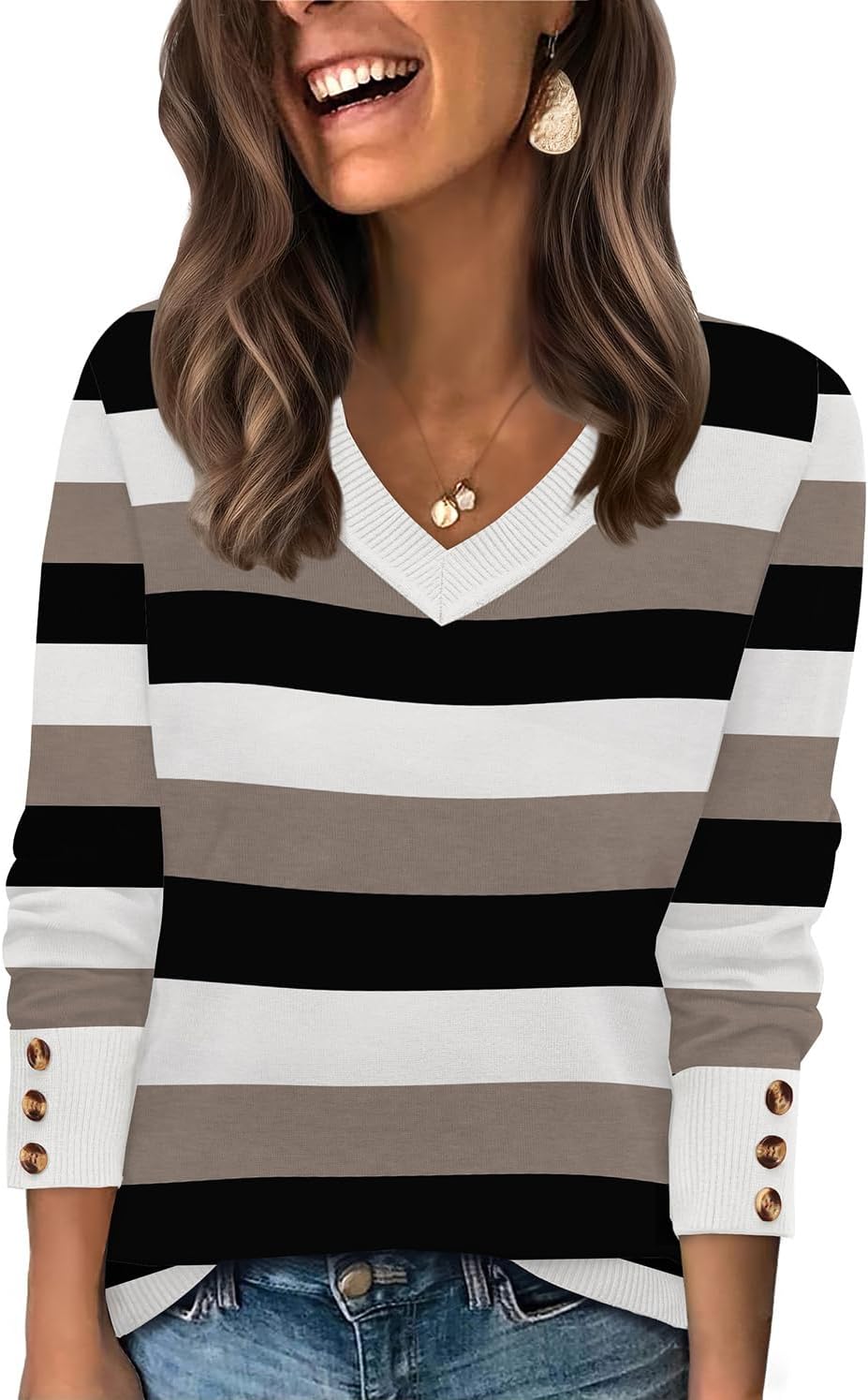 WIHOLL Lightweight Sweaters for Women Long Sleeve V Neck Knit Outfits with Decorative Buttons