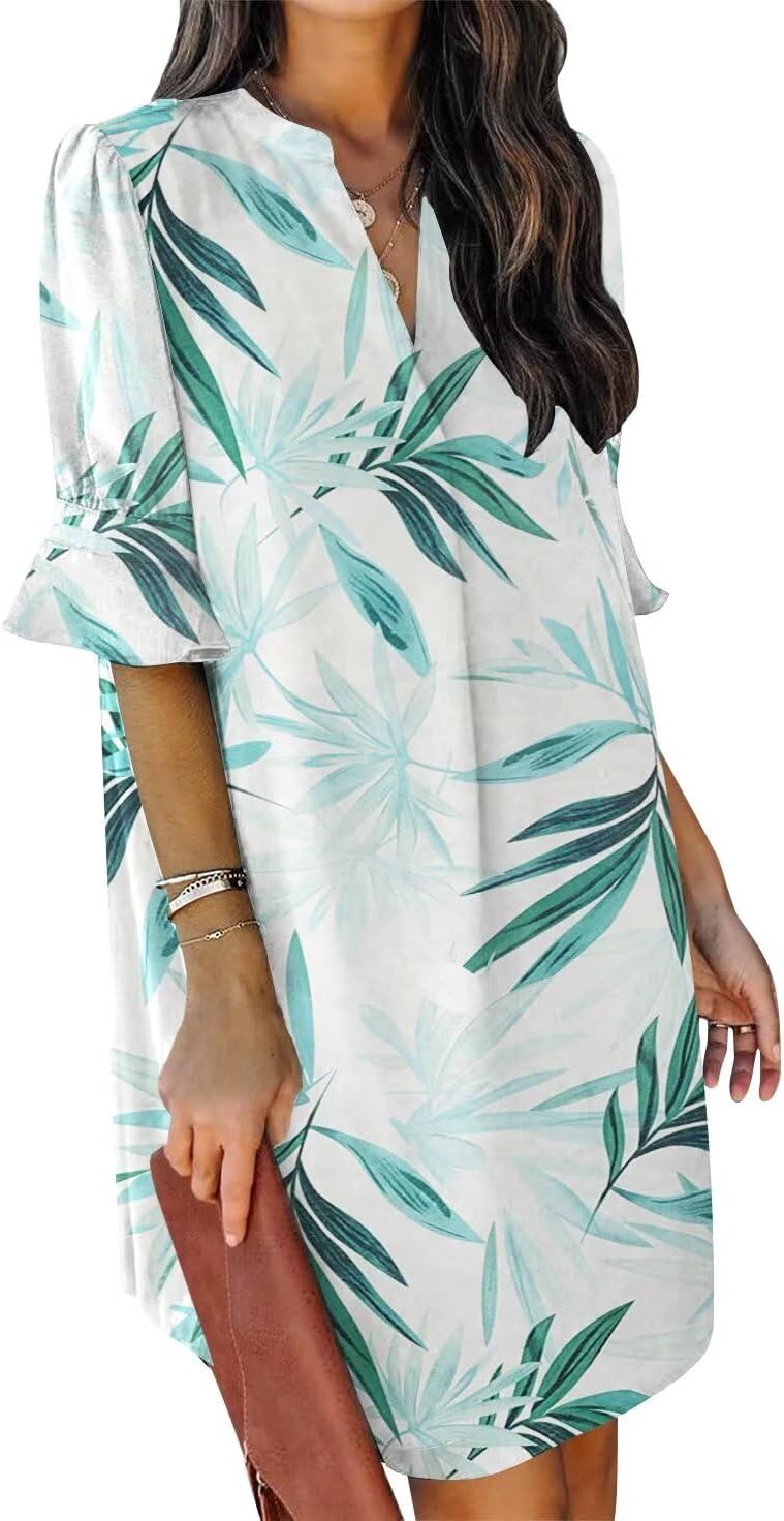 QACOHU Summer Dresses for Women V Neck Ruffle Short Sleeve Casual Shift Dress