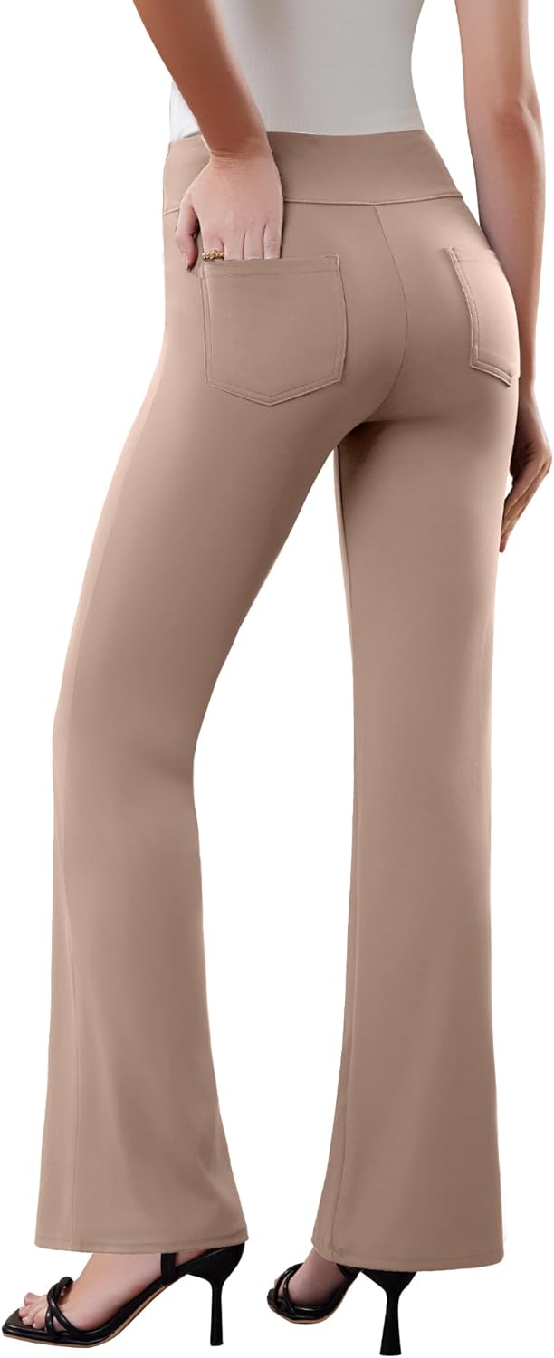 Womens Dress Pants Stretchy Work Pants Business Casual Office Trousers Pull On Flare Slacks with 4 Pockets