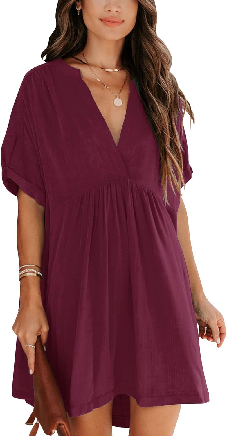 Minclouse Women's Babydoll Short Sleeve Tunic Dress V Neck Cute Casual Loose Dresses