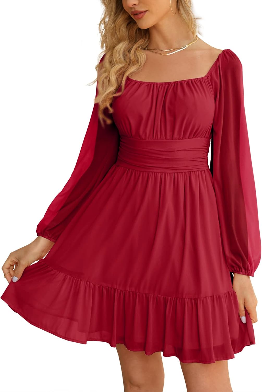 Wenrine Women's Mesh Long Sleeve Square Neck Dress High Waist A Line Ruffle Hem Flowy Casual Party Mini Dress