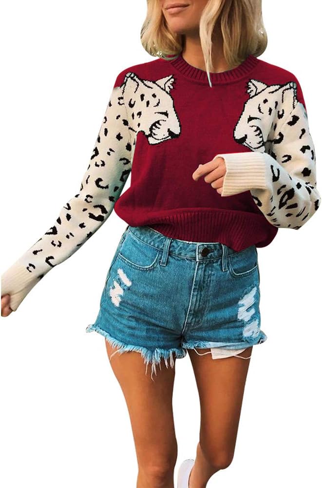 JUNBOON Women’s Casual Leopard Print Knitted Pullover Sweaters Long Sleeve Crew Neck Jumper Tops