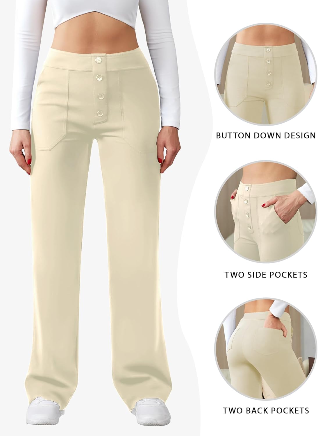 Womens Casual High Waist Straight Leg Pants Stretchy Button Business Dress Work Pocket Trousers