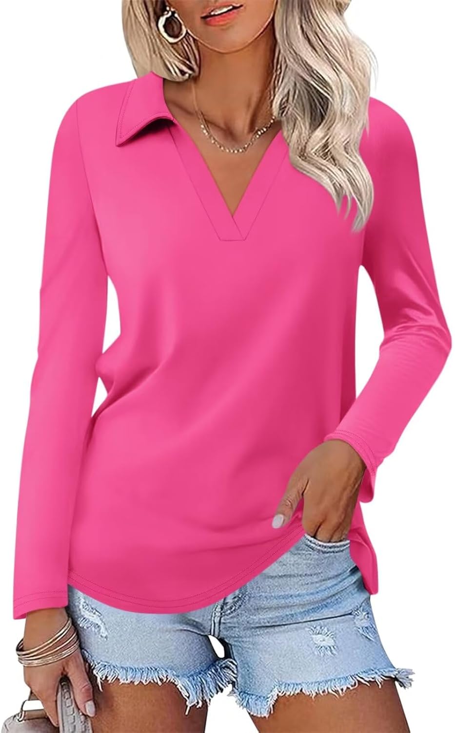 ORANDESIGNE Women's Long Sleeve Polo Shirts Casual Color Block V Neck Tops Fall Collar Ladies Tunics Tees