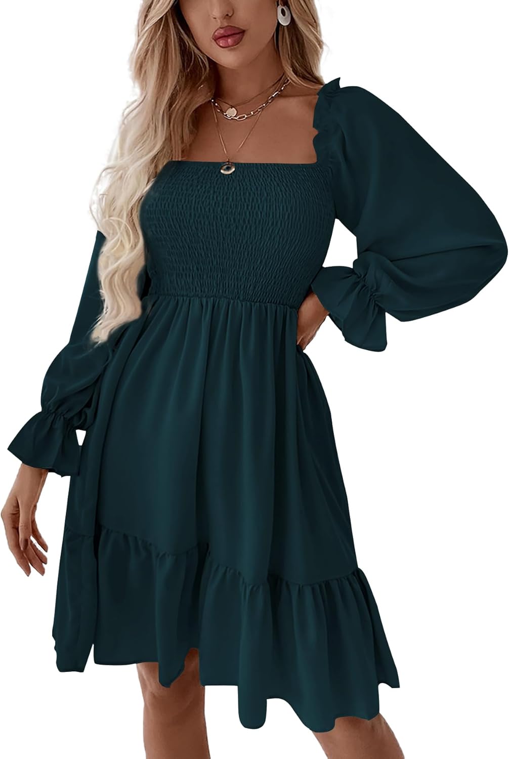 LYANER Women's Square Neck Lantern Long Sleeve Ruffle Shirred Flowy Party Mini Dress