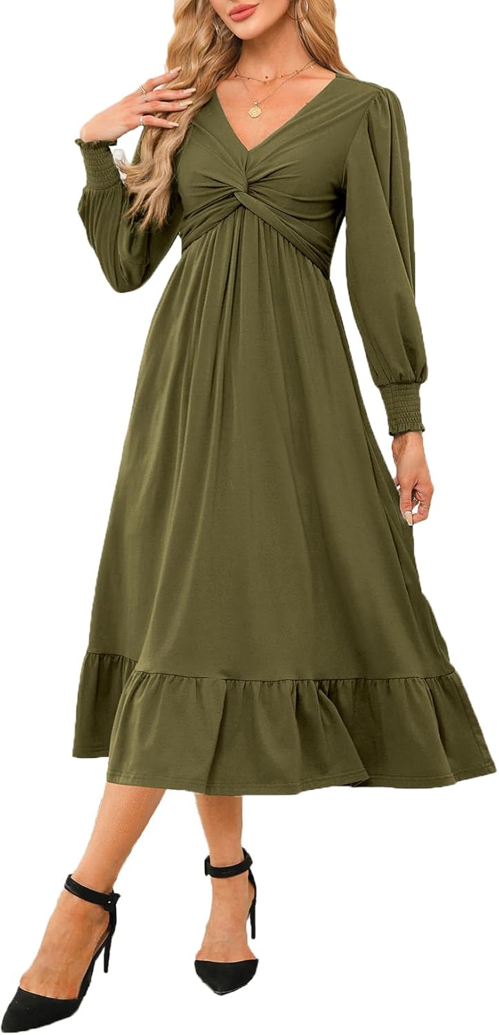 Dokotoo Womens 2024 Wrap V-Neck Twist Knot Long Sleeve Empire Waist Midi Maxi Dress A-Line Ruched Flowy Dress with Pockets
