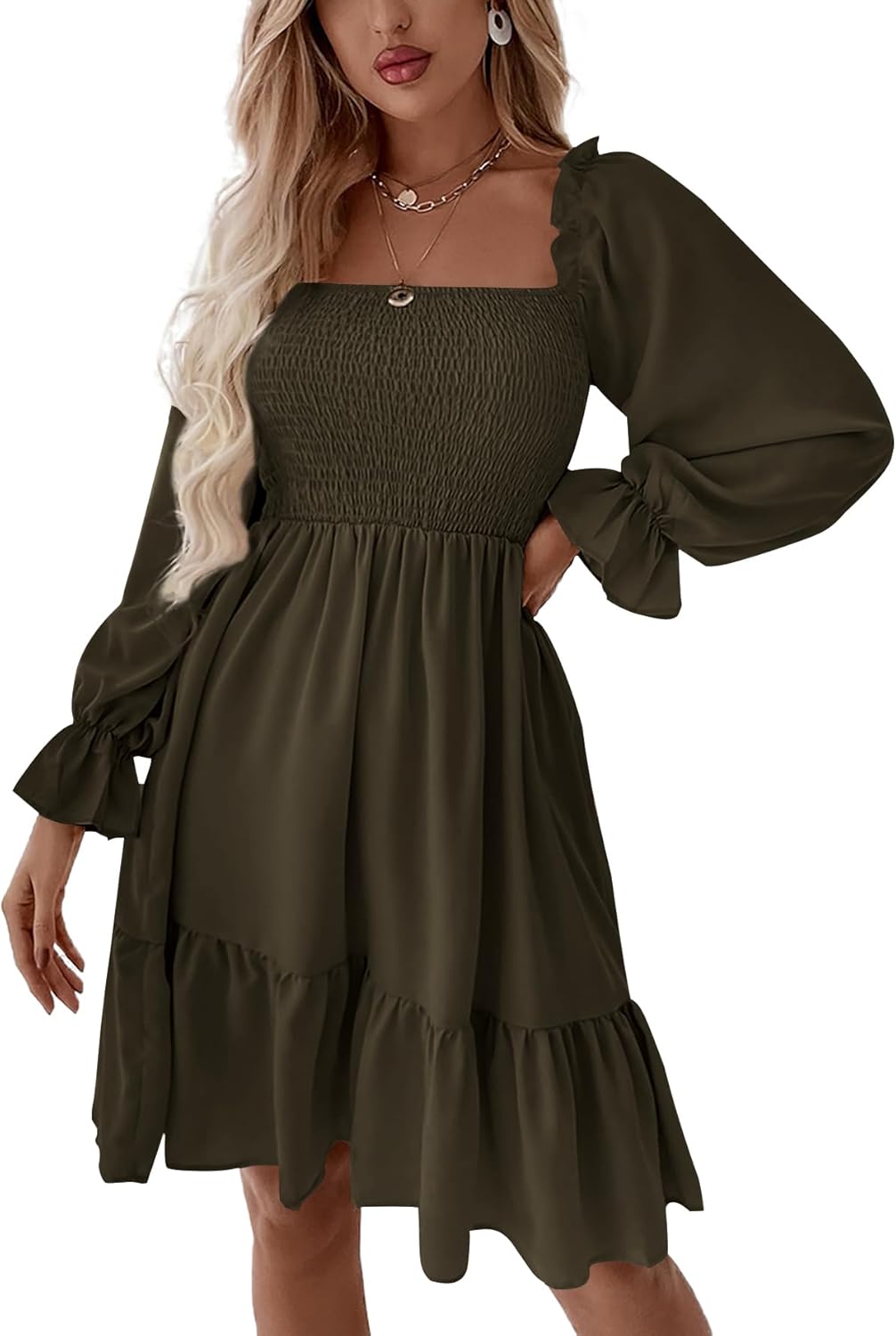 LYANER Women's Square Neck Lantern Long Sleeve Ruffle Shirred Flowy Party Mini Dress