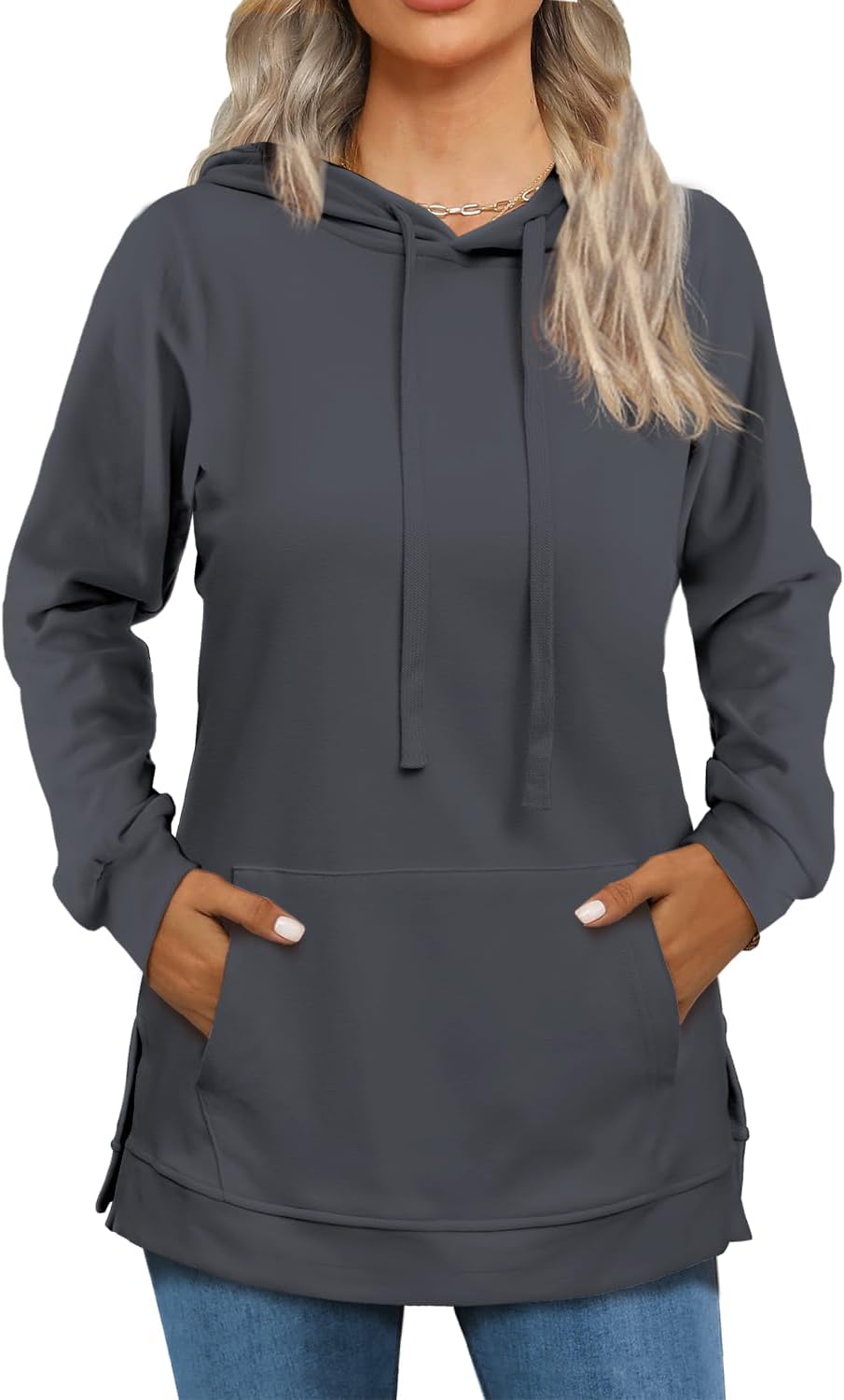 Beimuc Hoodies for Women Fashion Split Hem Drawstring Casual Long Sleeve Sweatshirts Tops with Pockets