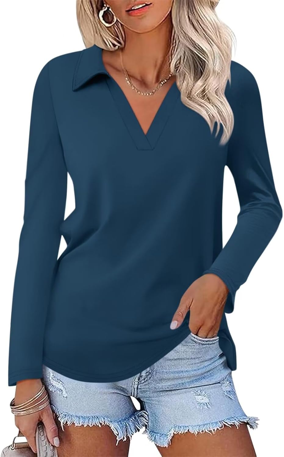 ORANDESIGNE Women's Long Sleeve Polo Shirts Casual Color Block V Neck Tops Fall Collar Ladies Tunics Tees
