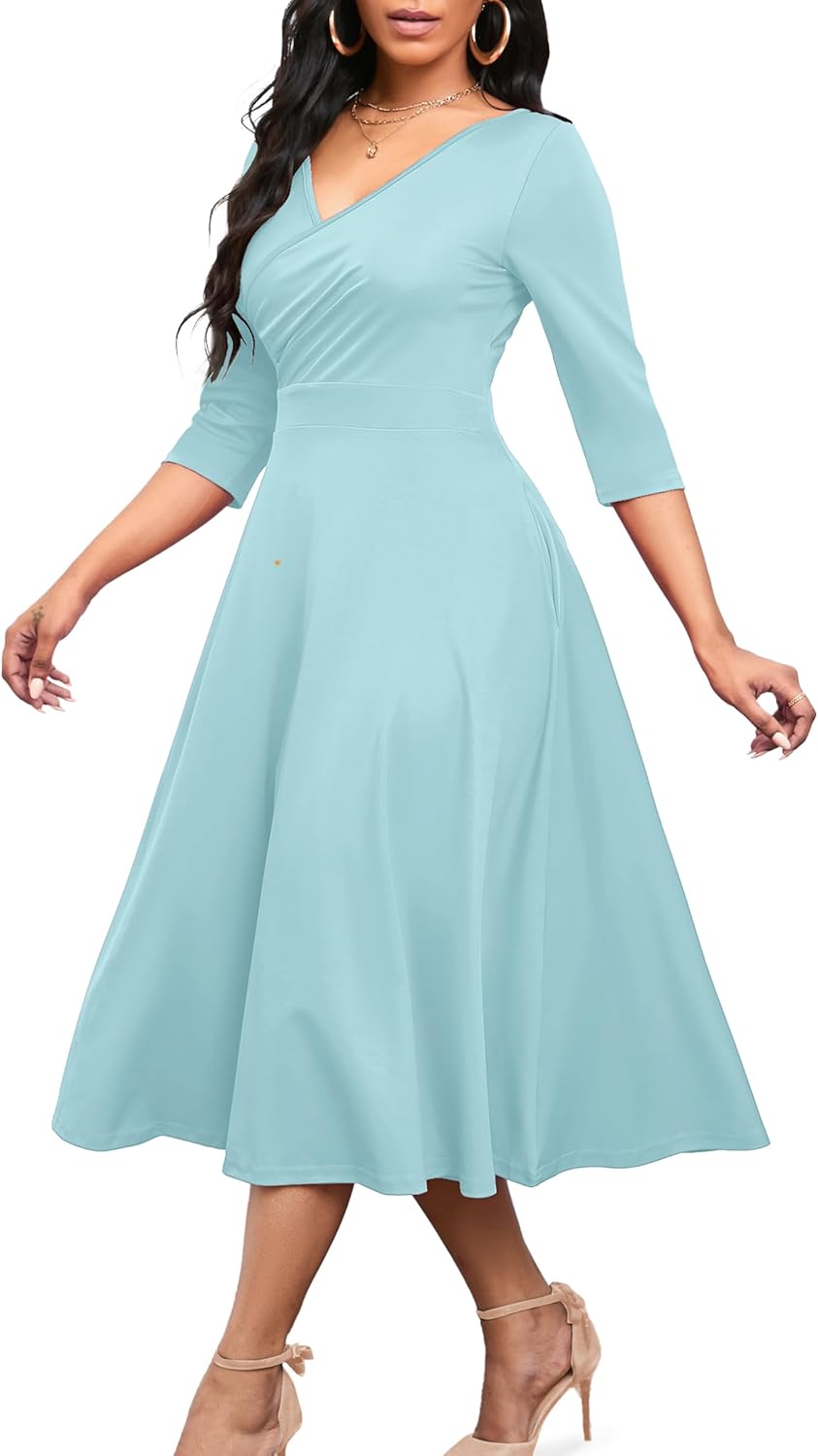 Nmoder Women's Casual Wrap Flared Midi Dress Wedding Guest Cocktail Tea Dresses A-Line Swing V-Neck 3/4 Sleeve