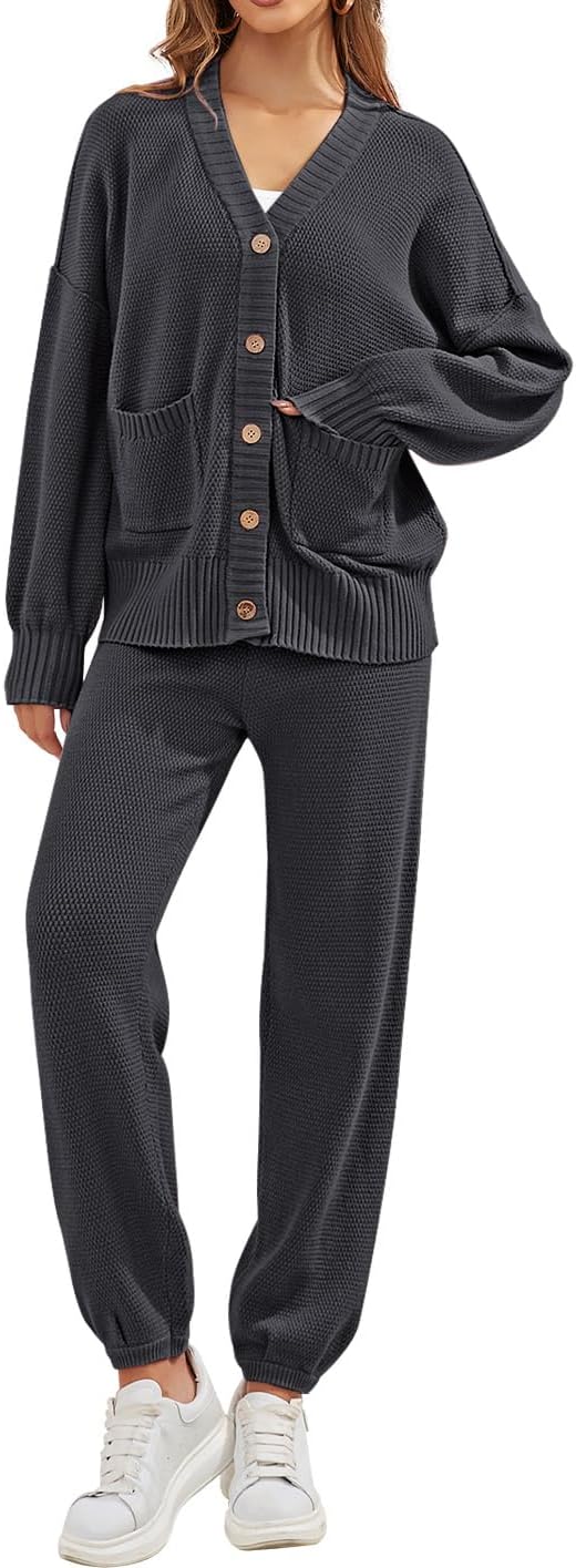 Women's 2 Piece Outfit Lounge Set Trendy Cardigan Sweater Pants Sets V Neck Button Pocket Knit Matching Loungewear
