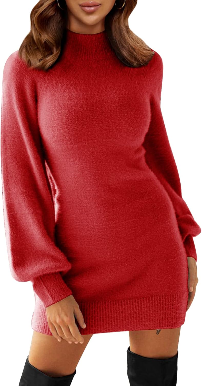 EXLURA Women's 2025 Mock Neck Ribbed Long Sleeve Bodycon Pullover Cute Mini Sweater Dress