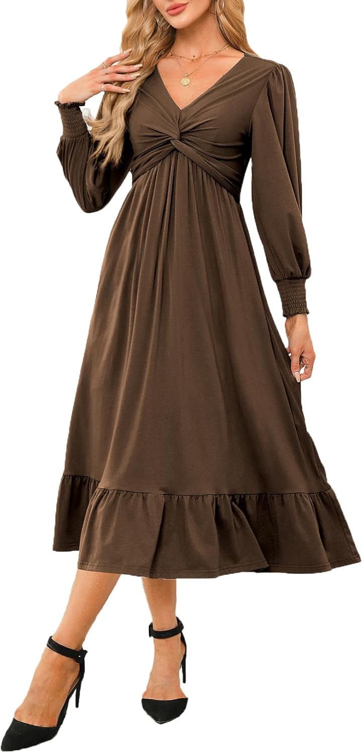 Dokotoo Womens 2024 Wrap V-Neck Twist Knot Long Sleeve Empire Waist Midi Maxi Dress A-Line Ruched Flowy Dress with Pockets