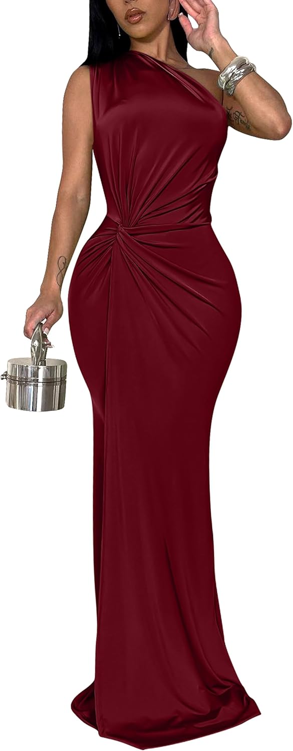 YMDUCH Women's Elegant One Shoulder Sleeveless Twist Waist Bodycon Party Long Dress