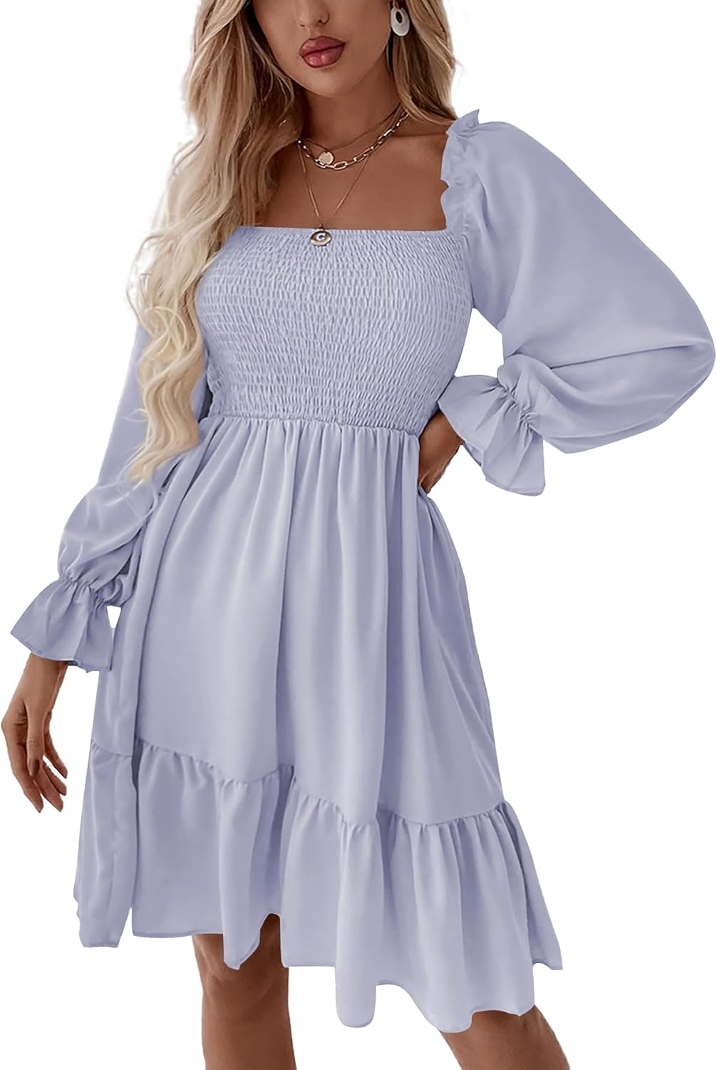 LYANER Women's Square Neck Lantern Long Sleeve Ruffle Shirred Flowy Party Mini Dress