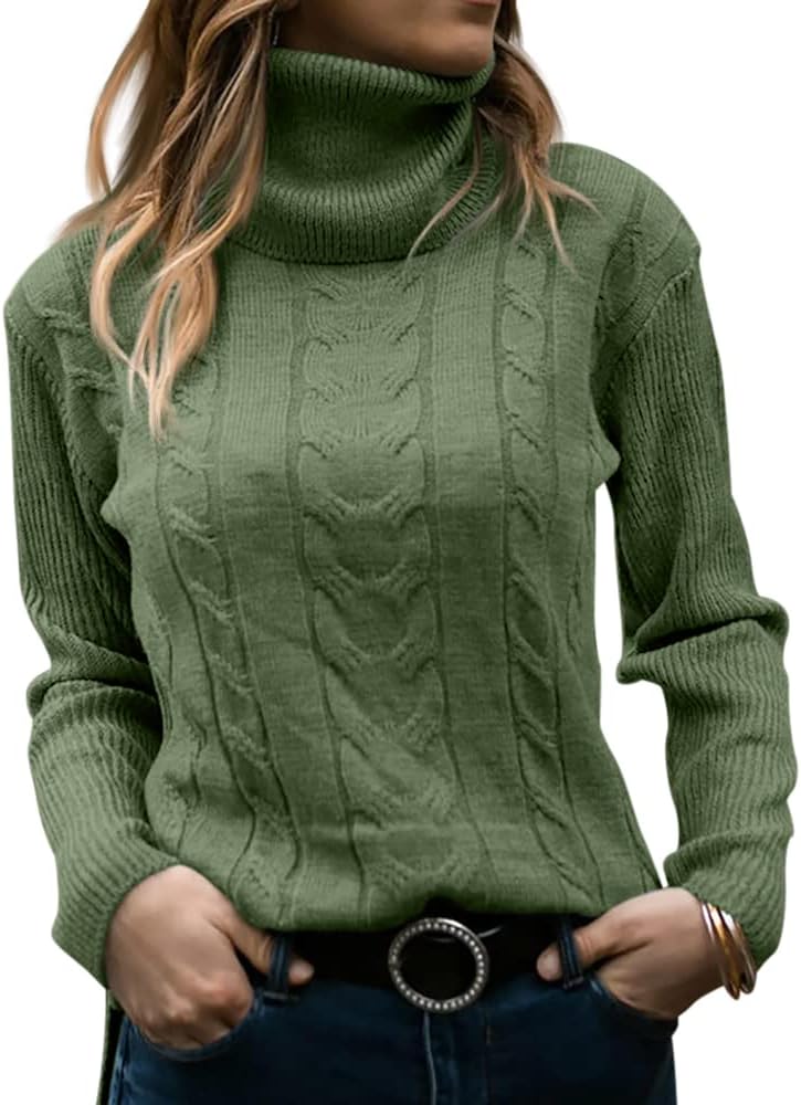 Langwyqu Womens' Turtleneck Long Sleeve Cable Knit Sweaters
