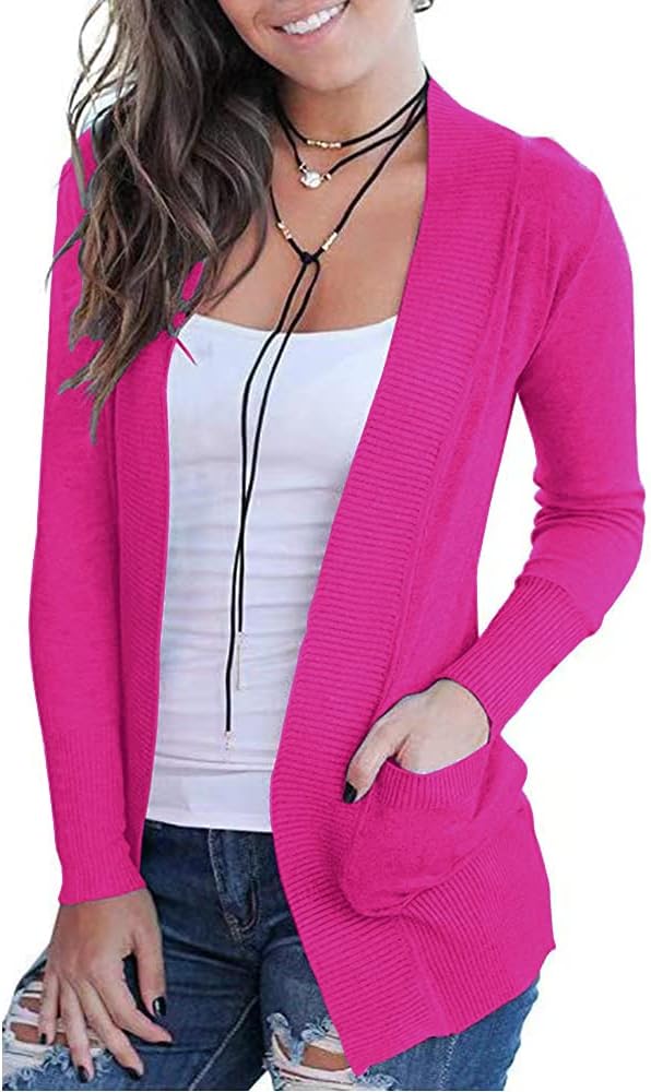 VOIANLIMO Women's Open Front Casual Long Sleeve Knit Classic Sweaters Cardigan with Pockets