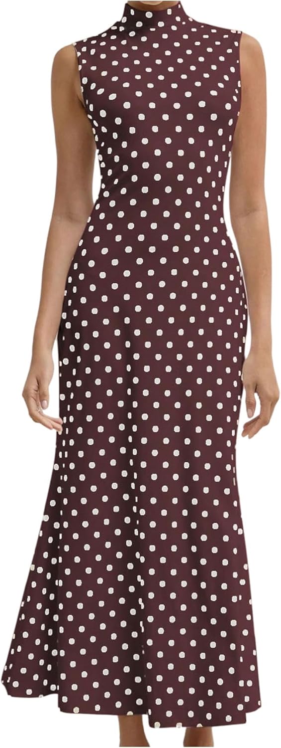 Milumia Women's Polka Dots Maxi Tank Dress Vintage Mock Neck Sleeveless Elegant Long Dresses