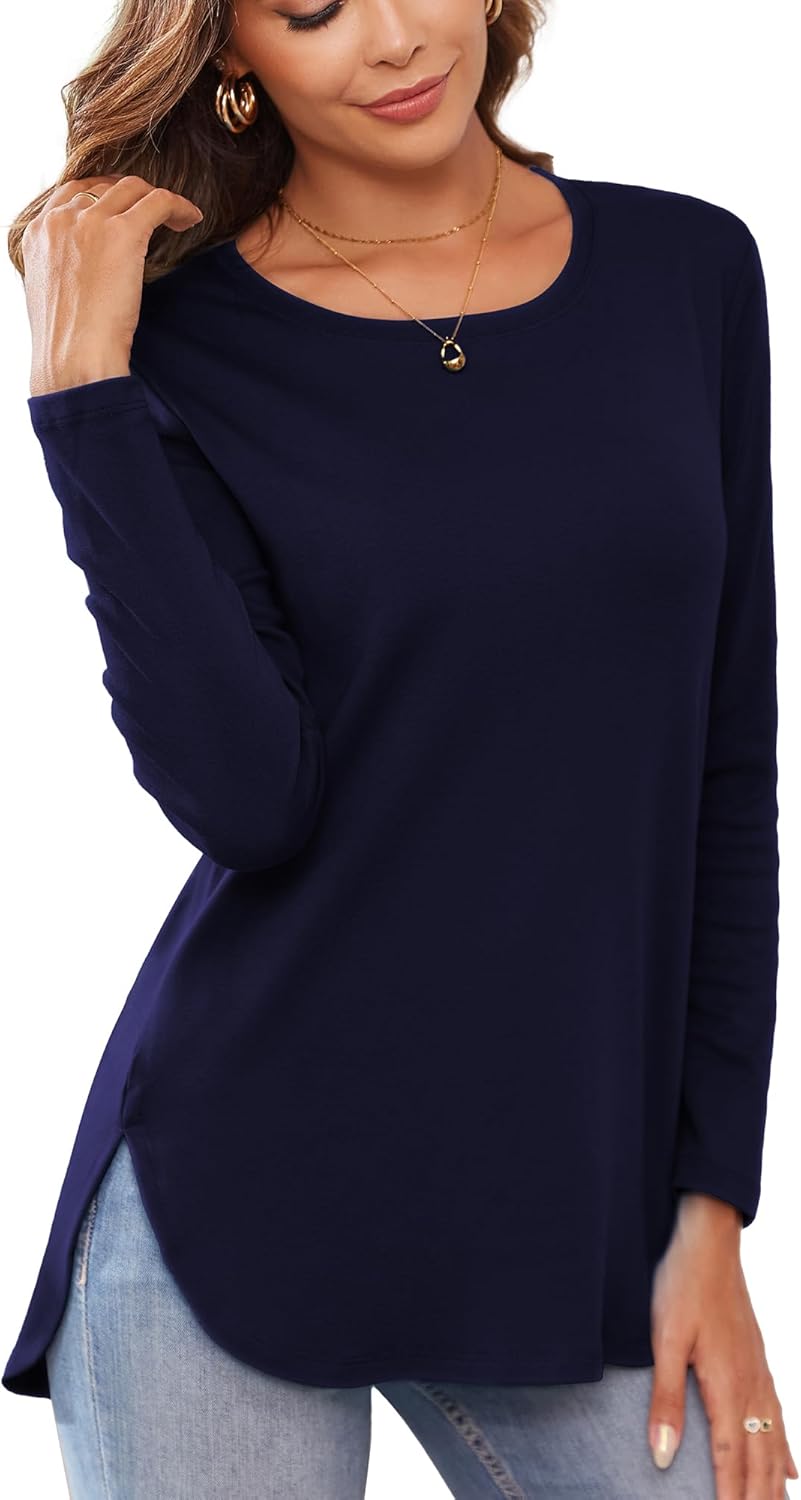 Herou Women's Casual Long Sleeve T Shirt Crewneck with Side Split Fall Pullover Loose Tunic Sweater Tops
