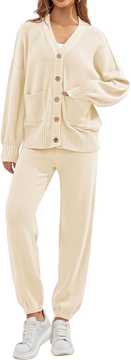 Women's 2 Piece Outfit Lounge Set Trendy Cardigan Sweater Pants Sets V Neck Button Pocket Knit Matching Loungewear