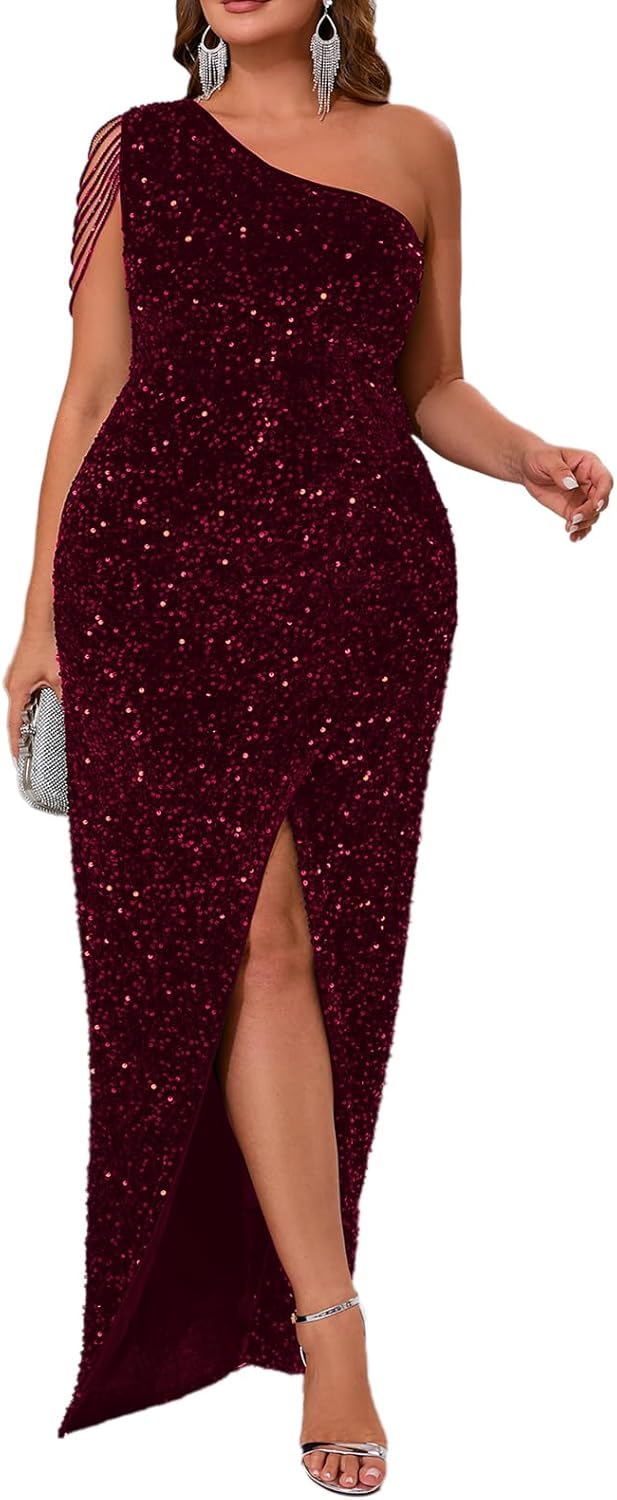 Cololura Women Sequin Elegant Sexy One Shoulder Tassel Mermaid Bodycon Cocktail Evening Dress