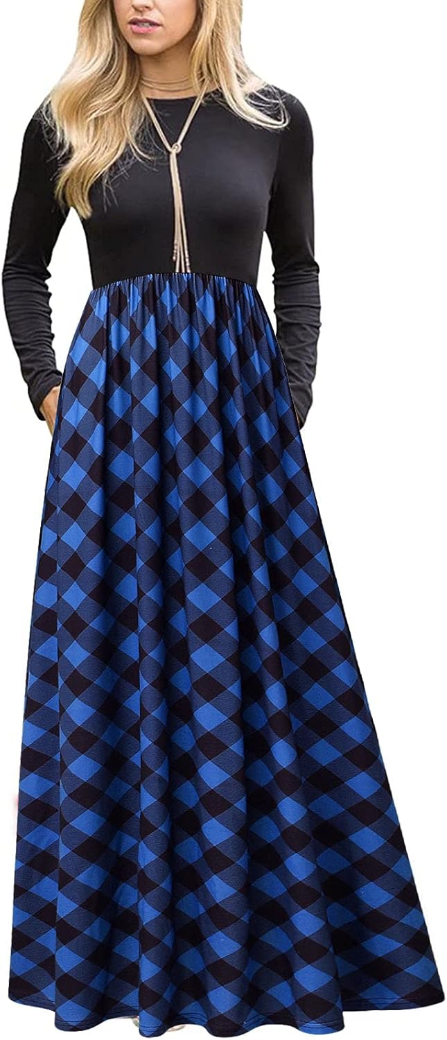 MEROKEETY Women's Long Sleeve Plaid Empire Waist Full Length Maxi Dress with Pockets