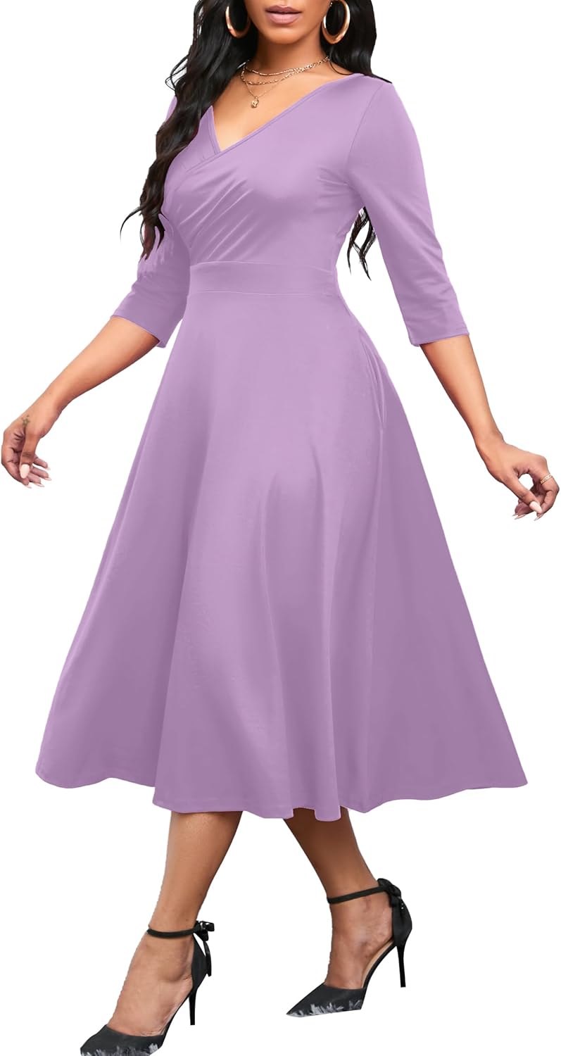 Nmoder Women's Casual Wrap Flared Midi Dress Wedding Guest Cocktail Tea Dresses A-Line Swing V-Neck 3/4 Sleeve