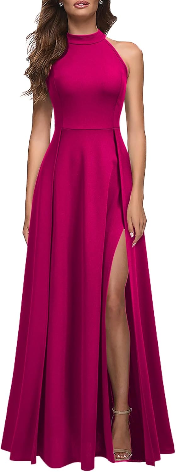 MUSHARE Women's Halter Neck Sexy Split Cocktail Party Maxi Long Formal Dress