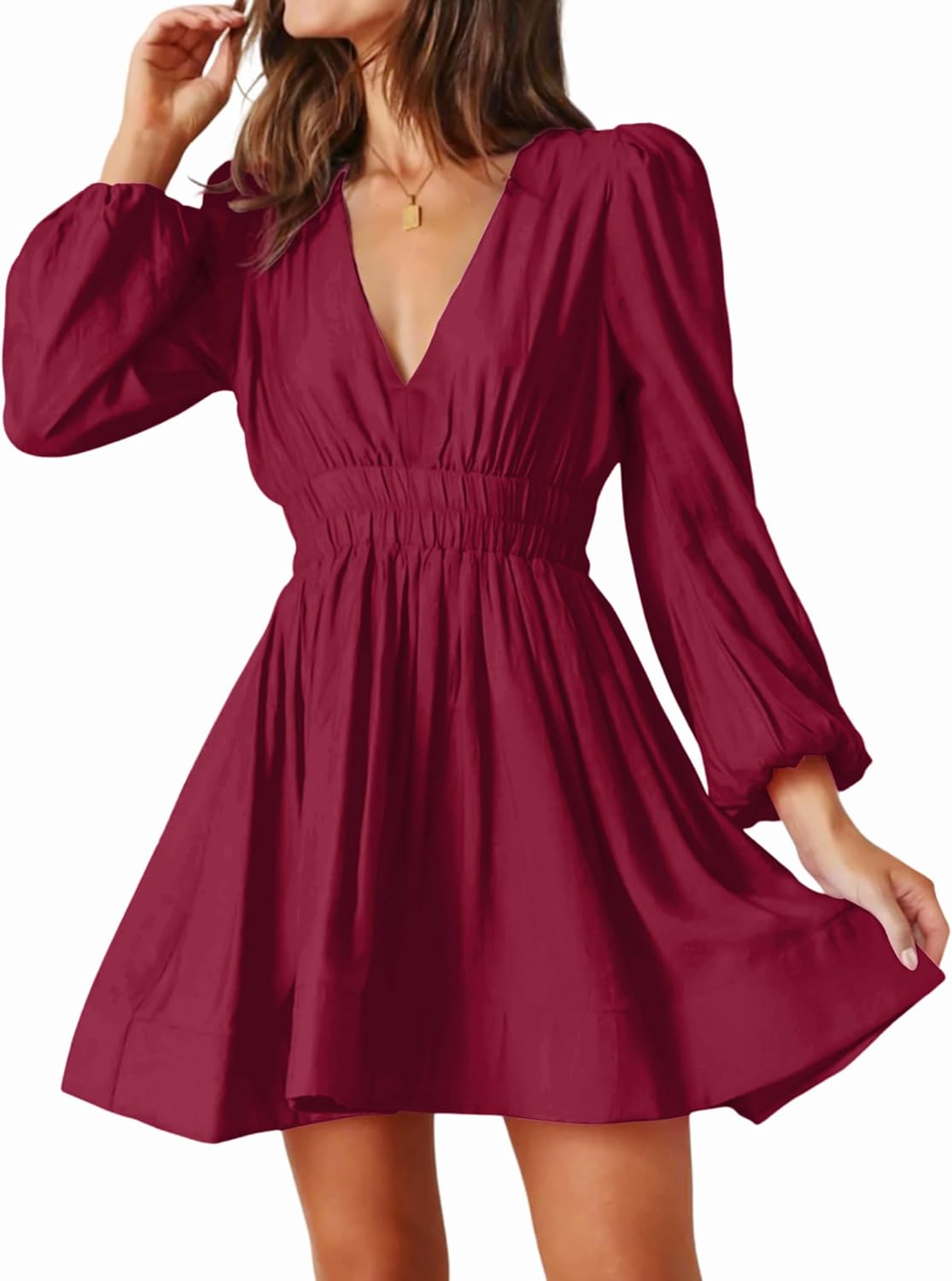 FAIABLE Mini Deep V Sexy Long Sleeve Dress for Women A-line High Waisted Casual Flowy Dress for Cocktail Wedding Guest