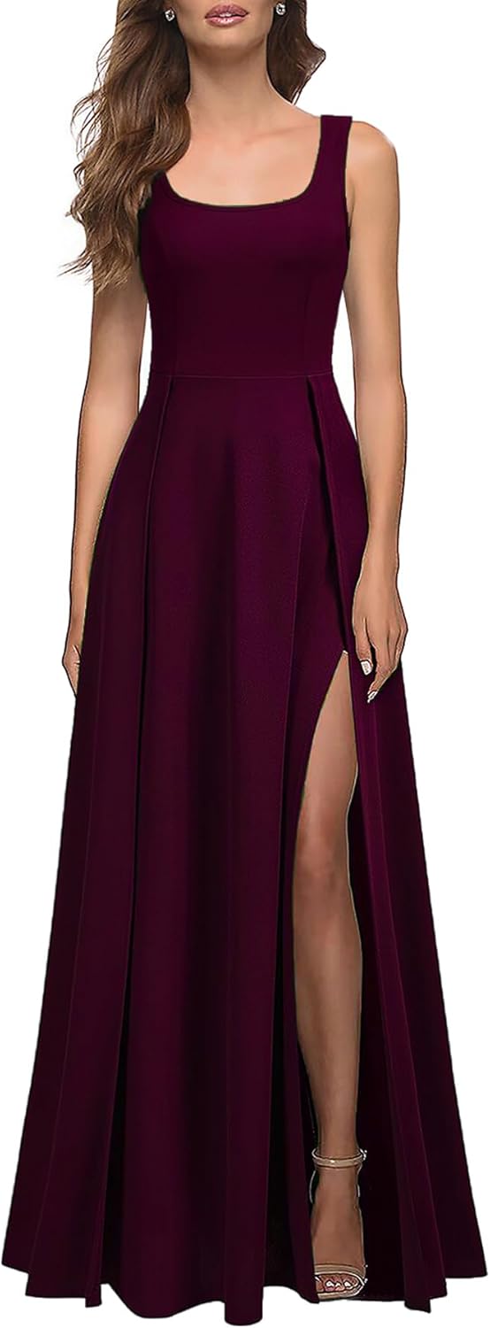 MUSHARE Women's Square Neck Sexy Split Cocktail Party Maxi Long Formal Dress