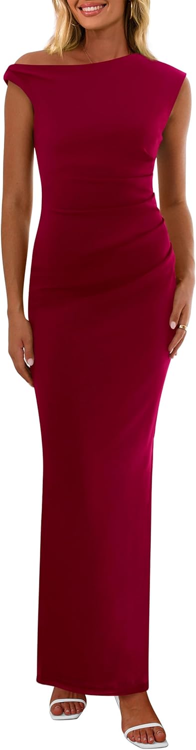 PRETTYGARDEN Women's 2025 Summer Formal Maxi Dresses Sleeveless One Shoulder Bodycon Ruched Mesh Wedding Guest Cocktail Dress