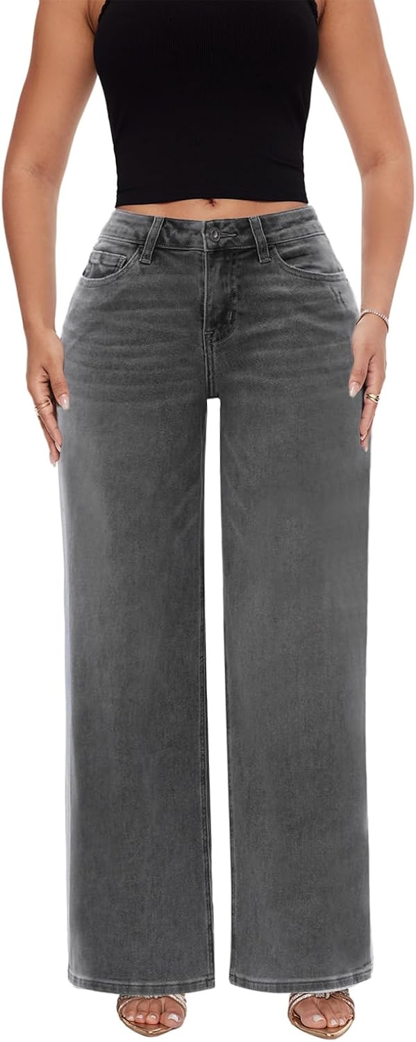 ONESO Mid-Low Rise Baggy Jeans Wide Leg for Women Distressed Pants Stretchy Bottom Lady Basic Comfortable Denim