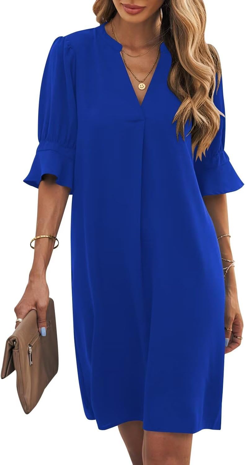 Wkior Shift Dress for Women V Neck Short Sleeves Solid Color Casual Flowy Summer Dresses(S-2XL)