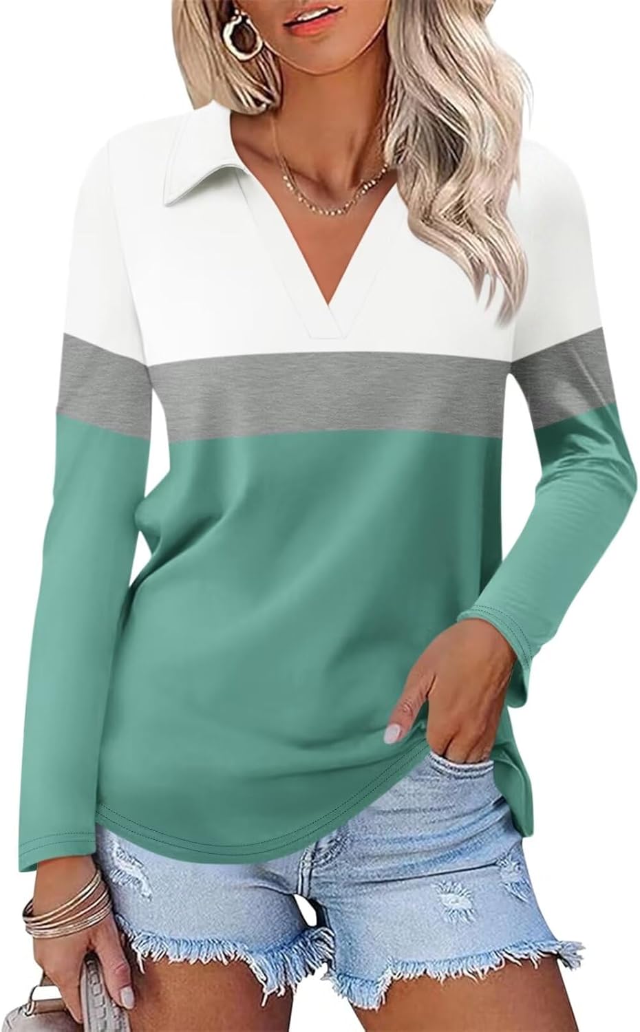 ORANDESIGNE Women's Long Sleeve Polo Shirts Casual Color Block V Neck Tops Fall Collar Ladies Tunics Tees
