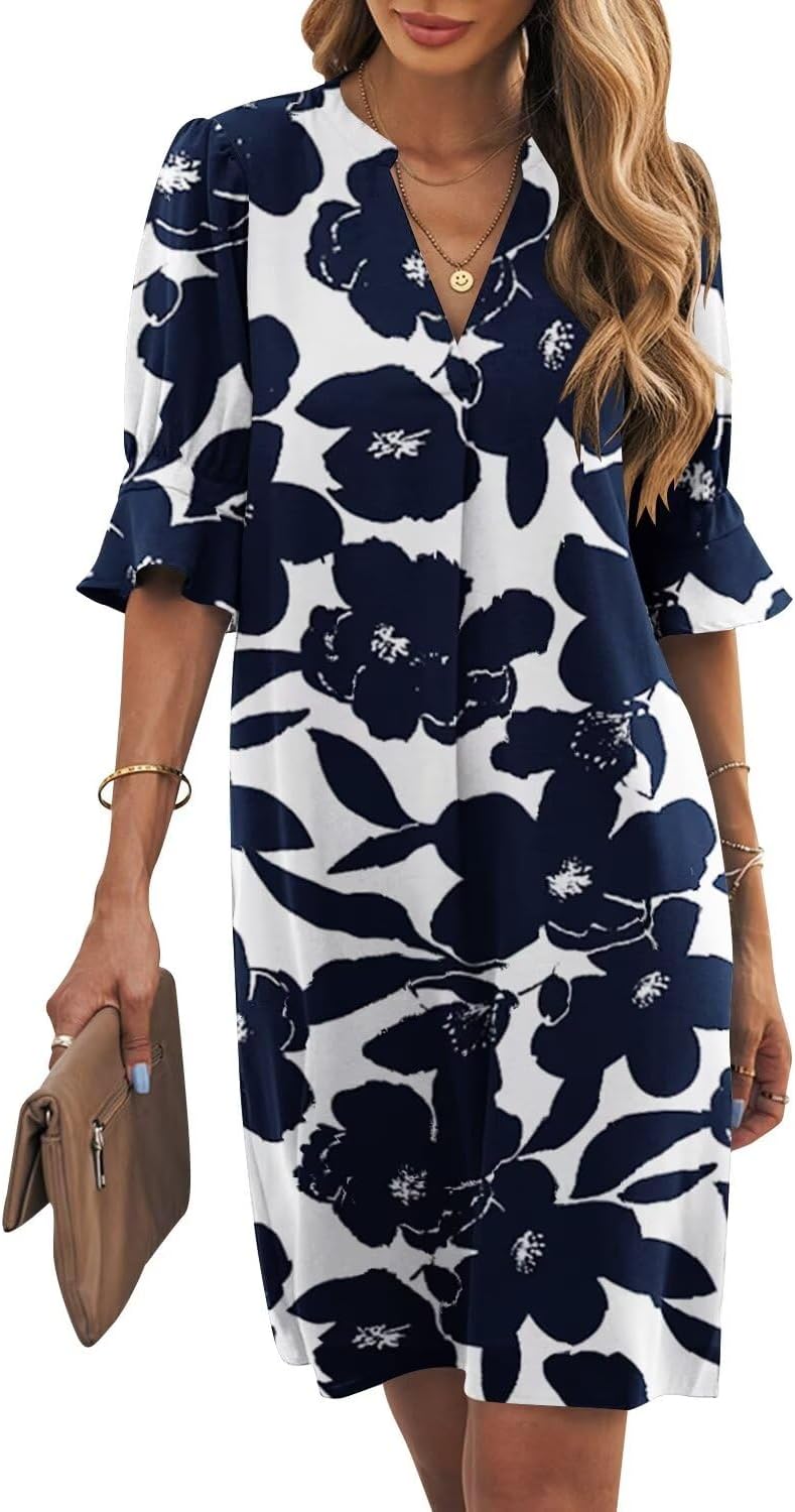 Wkior Shift Dress for Women V Neck Short Sleeves Solid Color Casual Flowy Summer Dresses(S-2XL)